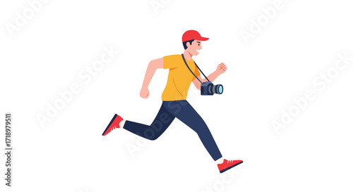Running Photographer with Camera, Capturing Fleeting Moments in Dynamic Pursuit, Animated Character Illustration