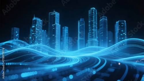 Glowing Blue Cityscape with Digital Waves in Dark