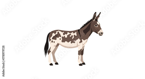 Illustration of a calm brown and white donkey standing on a plain white background facing right portraying innocence, simplicity, and rural charm
