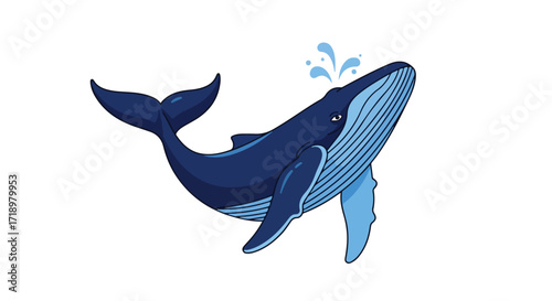 Animated blue whale spouting water, isolated on white, evoking marine life and childhood wonder