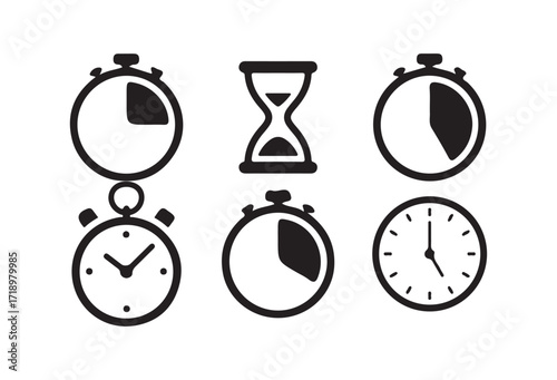 Set of Stopwatch and Clock Icons, Time Management and Countdown Symbols, Timer Illustrations. Vector illustration eps 10