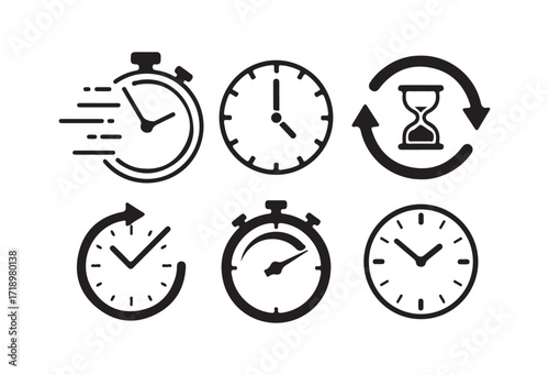 Set of Stopwatch and Clock Icons, Time Management and Countdown Symbols, Timer Illustrations. Vector illustration eps 10