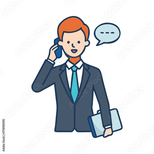 Professional businessman in suit talking on mobile phone with speech bubble above