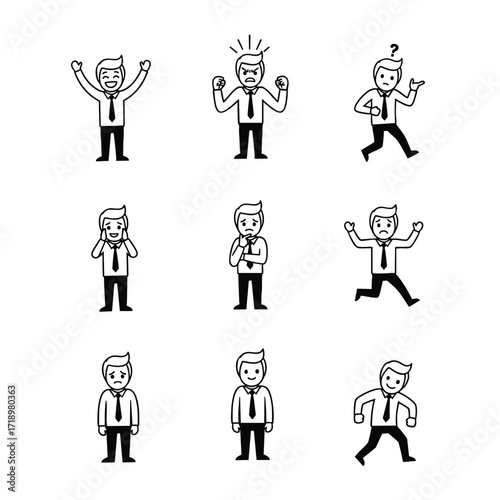 A set of nine black and white cartoon businessman characters showing various emotions and actions like happiness anger confusion and sadness.