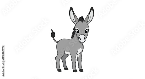 Cute cartoon donkey character illustration with long ears, simple style, sweet eyes, isolated on a plain white background for children book