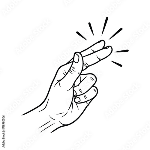 A simple black and white line art illustration of a hand snapping its fingers with a sound effect.