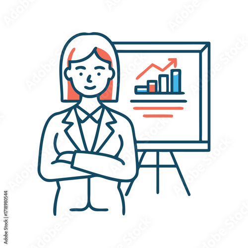 Confident businesswoman with crossed arms presents growth chart on whiteboard