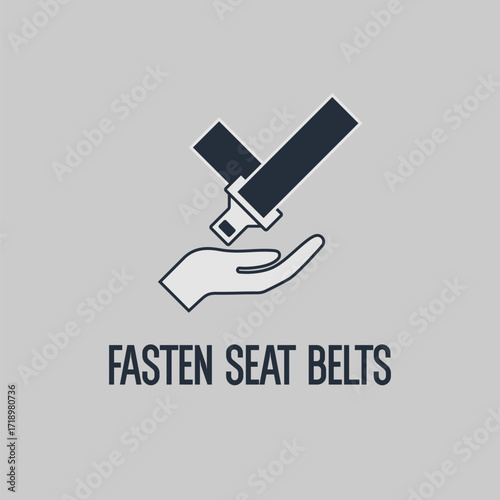 The fasten your seat belt sign when driving. Protecting health and life from injury. Vector minimalistic poster.