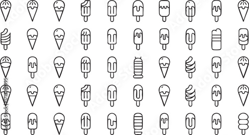 Ice cream icons set, dessert vector collection with cones, popsicles, and frozen treats for summer, sweet food, snack illustration, café menu design, and creative culinary projects
