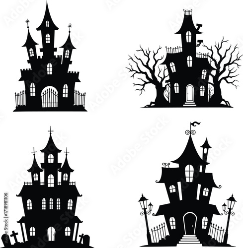 Creepy haunted mansions silhouettes spooky halloween set for themed designs