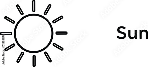 Illustration of a sun with rays next to the word "sun" in simple line drawing style
