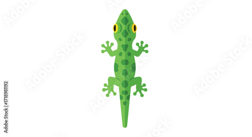 Flat vector illustration of a bright green gecko with yellow eyes, isolated on white, conveying a playful and child-friendly aesthetic for