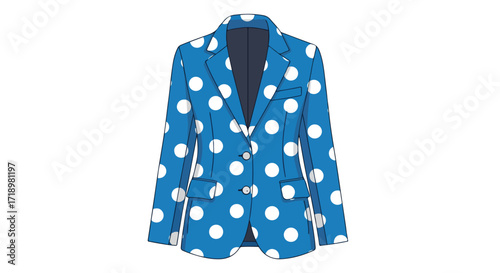 Illustrated azure blazer adorned with white polka dots a vibrant fashion statement with a retro flair adding a touch of playfulness and elegance