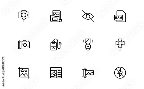 Professional Photography Line Icon Pack Featuring Modern Minimal Design for Creative Visuals and Unique Photo Concepts in Vector Format, Perfect for Digital Projects and Branding