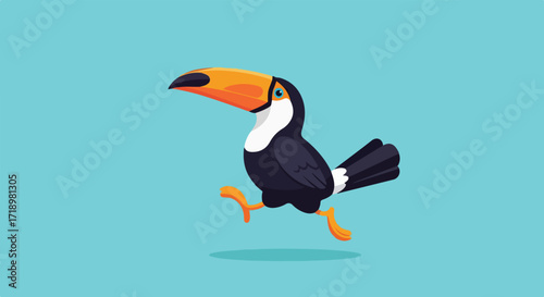 Cartoon Toucan on the Move: A Whimsical Illustration with Vibrant Colors and Playful Energy Depicting Speed and Joy in a Minimalist Style