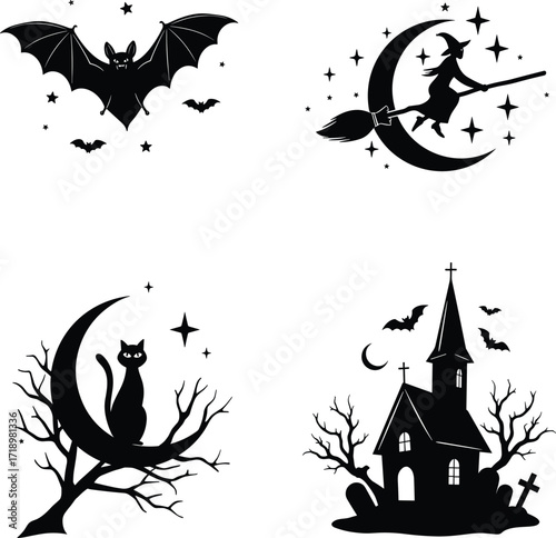 Enchanting halloween silhouettes bat witch moon cat haunted house spooky vibes