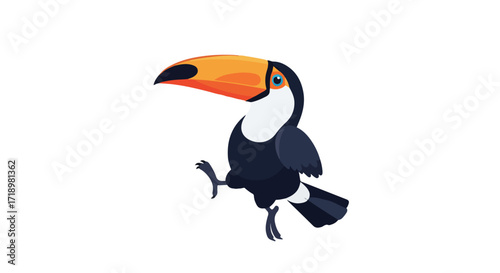 Whimsical toucan character on a joyful stroll against a clean white backdrop expressing cheerfulness and dynamism with minimalistic design concept