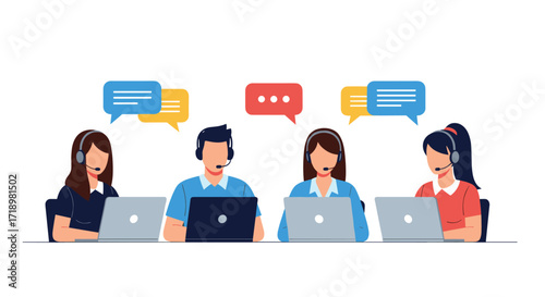 Customer Service Team Working Together on Laptops with Chat Bubbles.