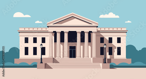 Classical Building Facade with Columns and Steps.