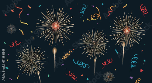 Explosion of Fireworks and Confetti on a Dark Background.