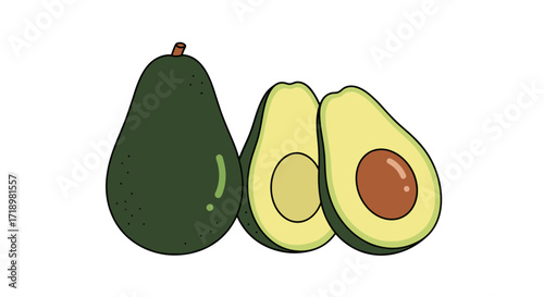 Fresh Avocado Fruit Whole and Halved on White Background.