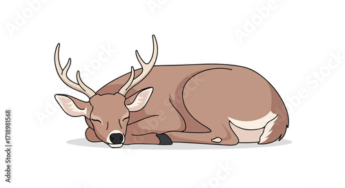 Peaceful slumber of a cartoon deer with antlers, a tranquil scene of woodland relaxation portrayed with simple artistic charm and soft color palette