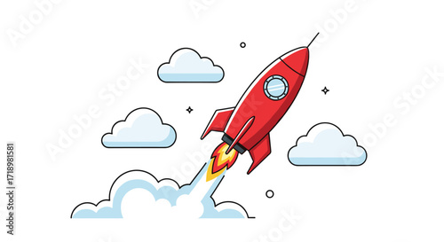 Red Rocket Ship Launching into the Sky with Clouds.