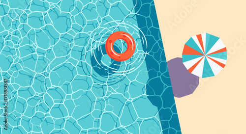 Aerial view of a swimming pool with a float and umbrella.