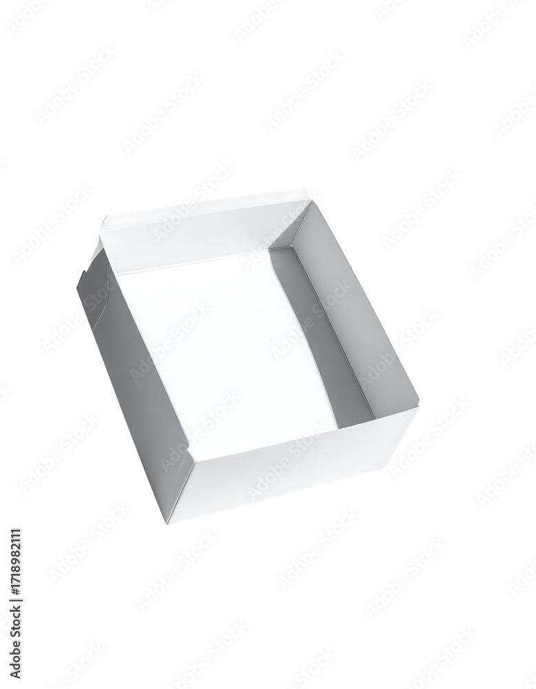 Fototapeta premium A clean, white, square cardboard box, shallow and open, sits at a slight angle against a black background