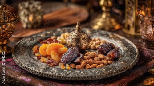 Assorted Dried Fruits And Nuts On Decorative Plate