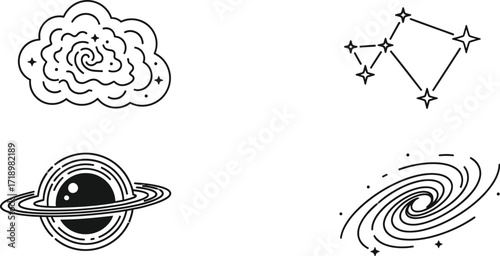 Hand-drawn space elements, including galaxy, constellation, planet, and nebula in doodle style