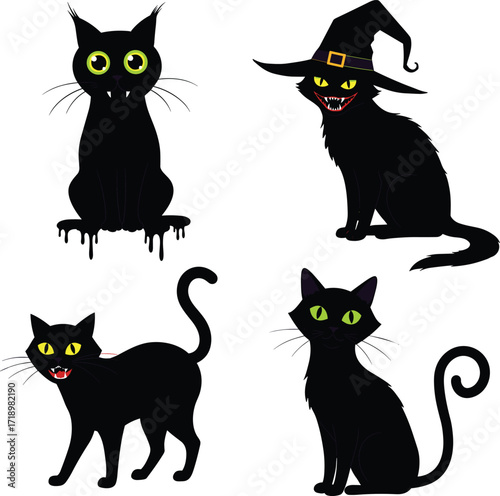 Vector silhouette set of domestic cats, kittens, and felines for Halloween pet art design