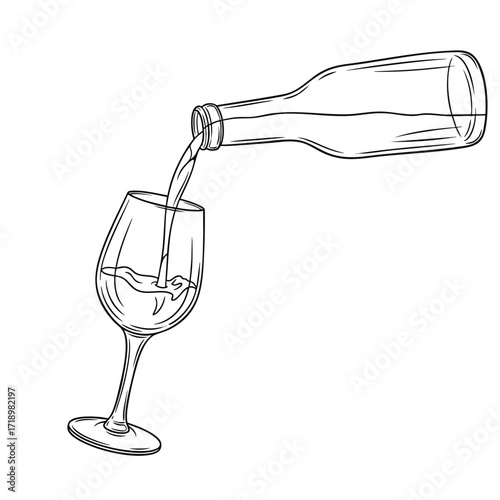 Handdrawn black and white sketch of a wine bottle pouring liquid into a stemmed wine glass.