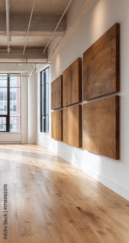 Fototapeta premium Modern, light-filled office space with wall art