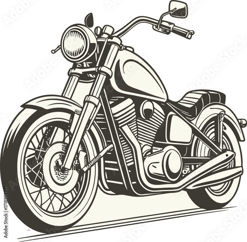 Vintage Cruiser Motorcycle, Black and White Silhouette Illustration with V-Twin Engine and Spoked Wheels