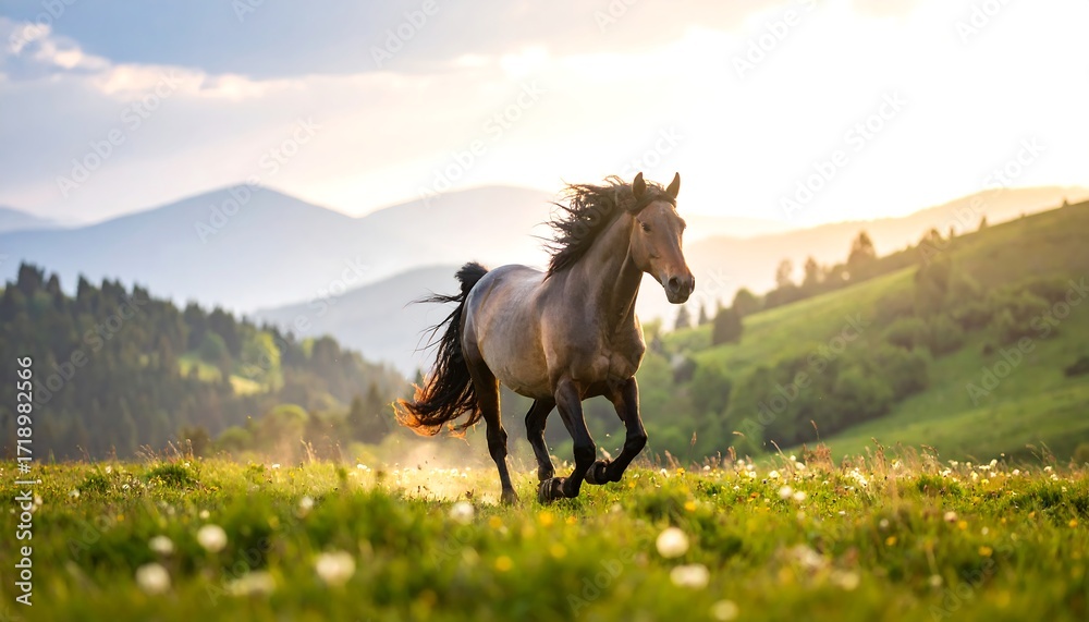 Fototapeta premium Horse running in a meadow at sunset