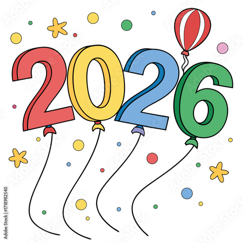 Floating into 2026, Whimsical New Year Illustration with Number Balloons, Clouds, and Hot Air Balloon