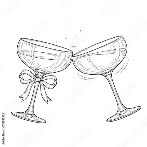 Handdrawn sketch of two champagne coupe glasses toasting one decorated with a ribbon bow.