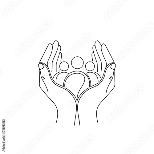 Minimalist line art icon of cupped hands protecting a group of people symbolizing care community and support.