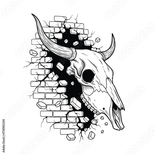Powerful bull skull with long horns smashing and breaking through a crumbling brick wall.
