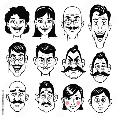 Set of diverse black and white cartoon character faces with various expressions and hairstyles.