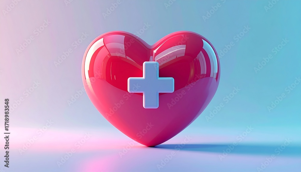 Obraz premium Glossy Red Heart with White Medical Cross Symbol on a Gradient Background.