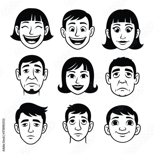 Set of nine handdrawn cartoon character faces with various expressions and emotions.