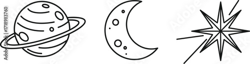 Illustration of a planet, moon, and star in simple line drawing style of celestial bodies