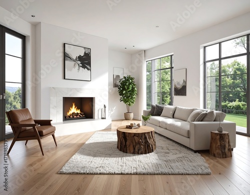 Modern, bright living room with fireplace and large windows