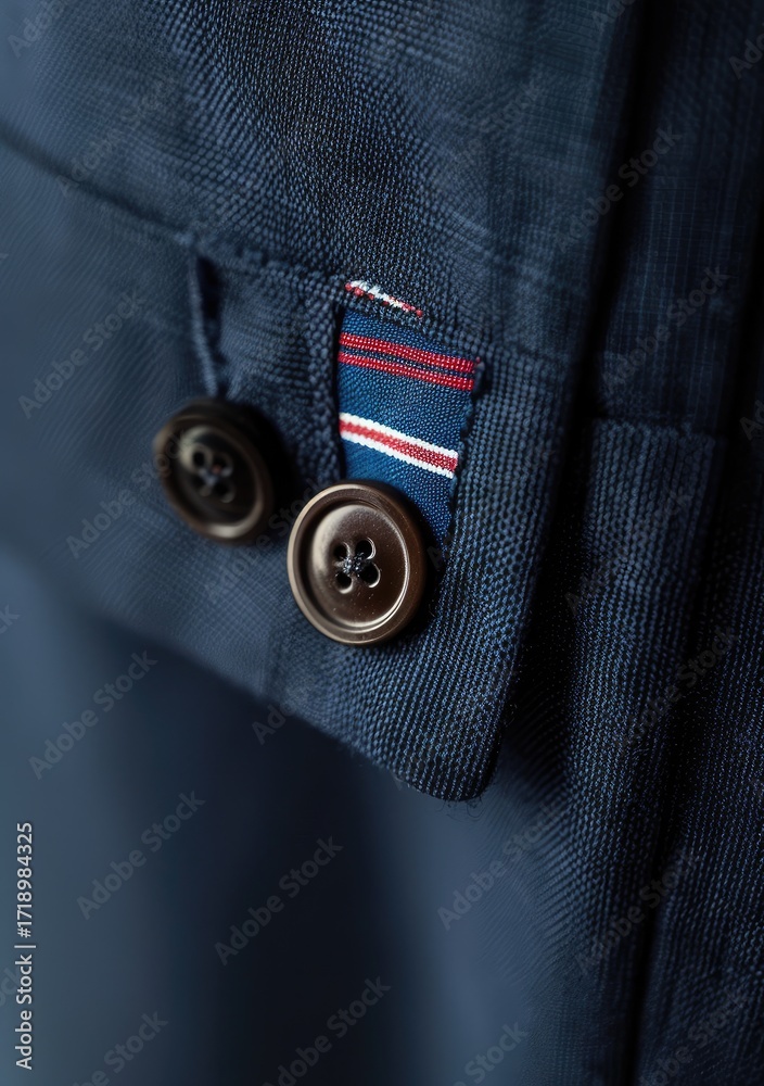 Naklejka premium Close-up of dark-blue fabric cuff with two dark brown buttons and a small, striped detail at the placket