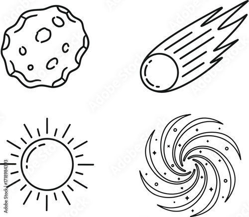 Asteroid, comet, sun, and galaxy in outline style for astronomy and space exploration