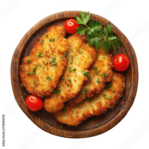 Milanesa breaded beef chicken schnitzel or cutlet with parsley garnish, isolated on white transparent background, concept of South American Cuisine