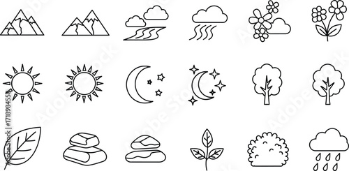 Set of nature icons including mountains, clouds, sun, moon, trees, leaves, stones, and rain