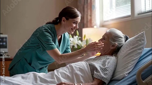 A caregiver lovingly tending to an elderly woman in a hospital bed.